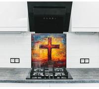 Myphotostation 76x40.5cm Cross on Fiery Sunset Glass Splashback for stove Tempered Glass Backsplash, Glass Backguards For Kitchen Stove, Cutting Board, Cooker Wall Panel, Stove Back Cover