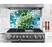 Myphotostation 76x40.5cm Green and Blue Mosaic Glass Splashback for stove Tempered Glass Backsplash, Glass Backguards For Kitchen, Stove Wall Protector, Cutting Board, Cooker Wall Panel
