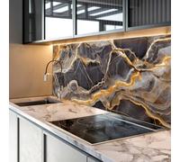 Myphotostation 76x46cm Black & Gold Marble Effect Glass Splashback for stove Tempered Glass Backsplash, Glass Backguards For Kitchen, Stove Wall Protector, Cutting Board, Stove Back Cover