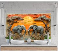 Myphotostation 76x51cm Sunset Safari Elephants Glass Splashback for stove Tempered Glass Backsplash, Glass Backguards For Kitchen, Stove Wall Protector,Cooker Wall Panel