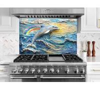Myphotostation 76x70cm Dolphin Glass Splashback for stove Tempered Glass Backsplash, Glass Backguards For Stove Wall Protector, Cutting Board, Cooker Wall Panel, Stove Back Cover