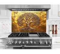 Myphotostation 76x70cm Golden Radiant Tree of Life Glass Splashback for stove Tempered Glass Backsplash, Glass Backguards For Kitchen, Stove Wall Protector, Cutting Board, Cooker Wall Panel