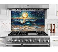 Myphotostation 76x70cm Stained Ocean Moon Glass Splashback for stove Tempered Glass Backsplash, Glass Backguards For Kitchen, Stove Wall Protector, Cooker Wall Panel, Stove Back Cover