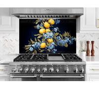 Myphotostation 76x76cm Lemon and Blue Floral Glass Splashback for stove Tempered Glass Backsplash, Glass Backguards For Kitchen, Stove Wall Protector, Cooker Wall Panel, Stove Back Cover