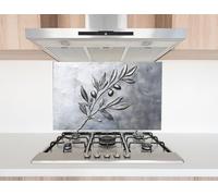 Myphotostation 90x36cm Silver Olive Branch Glass Splashback for stove Tempered Glass Backsplash, Glass Backguards For Kitchen, Stove Wall Protector, Cutting Board, Stove Back Cover