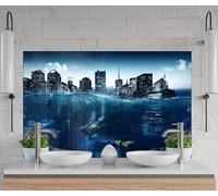 Myphotostation 90x36cm Underwater Cityscape Glass Splashback for stove Tempered Glass Backsplash, Glass Backguards For Stove Wall Protector, Cutting Board, Cooker Wall Panel