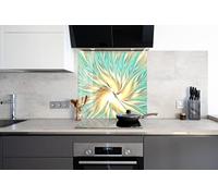 Myphotostation Abstract Golden Decorative Tempered Glass Backsplash 12x12'' Green Abstract Splashback for Kitchen Decor Bathroom Wall Protector Oven Backsplash Panel Tile Glass Cooker Splashback