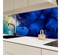 Myphotostation Abstract Marble Tempered Glass Backsplash 60WX40H'' Blue Splashback for Kitchen Decor Bathroom Wall Protector Stove Backsplash Panel Tile Glass Splashback