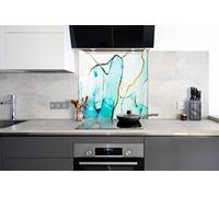 Myphotostation Alcohol ink Tempered Glass Backsplash 60WX40H'' Blue Abstract Splashback for Kitchen Decor Bathroom Wall Protector Oven Backsplash Panel Tile Glass Cooker Splashback