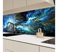 Myphotostation Blue Abstract Tempered Glass Backsplash 48Wx32H'' Blue Sky Splashback for Kitchen Decor Bathroom Wall Protector Stove Backsplash Panel Tile Glass Splashback Fractal