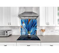 Myphotostation Blue Fractal Tempered Glass Backsplash 60WX40H'' Abstract Splashback for Kitchen Decor Bathroom Wall Protector Stove Backsplash Panel Tile Glass Splashback Kitchen Decor