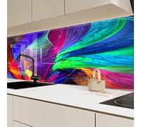 Myphotostation Colorful Neon Tempered Glass Backsplash 50Wx33.5H'' Neon Glow Splashback for Kitchen Decor Bathroom Wall Protector Stove Backsplash Panel Tile Glass Splashback Fractal