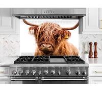 Myphotostation.com 23.5Wx12H''Tempered Glass Highland Cow Backsplash Design Cooker Wall Backsplash Panel Glass Splashback for Kitchen Panel Design Scottish Cow Splashback