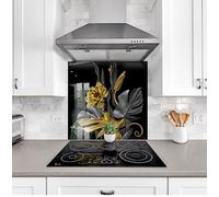 Myphotostation.com 50Wx33.5H'' Tempered Glass Dark Flower Backsplash Design Cooker Wall Backsplash Panel Glass Splashback For Kitchen Panel Design Gold Floral Splashback Herbs
