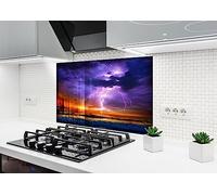 Myphotostation.com 70WX43H'' Tempered Glass Clouds Lightning Backsplash Design Cooker Wall Backsplash Panel Glass Splashback For Kitchen Panel Design Sky View Splashback Tile