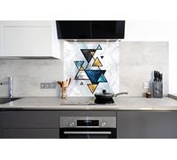 Myphotostation Geometric Marble Tempered Glass Backsplash 35.5Wx24H'' Blue Splashback for Kitchen Decor Bathroom Wall Protector Stove Backsplash Panel Tile Glass Splashback