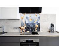 Myphotostation Gold Blue Geometric Tempered Glass Backsplash 48Wx32H'' Hexagon Splashback for Kitchen Decor Bathroom Wall Protector Stove Backsplash Panel Tile Glass Splashback