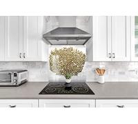 Myphotostation Golden Tree Tempered Glass Backsplash 59Wx23.6H'' Floral Splashback for Kitchen Decor Bathroom Wall Protector Stove Backsplash Panel Tile Glass Splashback