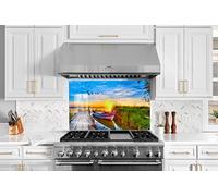 Myphotostation Nature Tempered Glass Backsplash 30x35.5'' Sunset View Splashback for Kitchen Decor Bathroom Wall Protector Stove Backsplash Panel Tile Glass Splashback Sail Boat on Lake