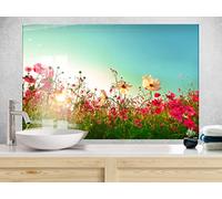 Myphotostation Pink Daisy Tempered Glass Backsplash 60WX40H'' Floral Splashback for Kitchen Decor Bathroom Wall Protector Stove Backsplash Panel Tile Glass Splashback