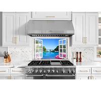 Myphotostation Sea View Tempered Glass Backsplash 30x27.5'' Window View Splashback for Kitchen Decor Bathroom Wall Protector Oven Backsplash Panel Tile Glass Cooker Splashback