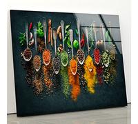 Myphotostation Spoon Spices Kitchen Tempered Glass Wall Art 30Wx24H''Food Wall Art Glass Printing Large Wall Art for Dining Room Kitchen Wall Decor idea Tempered Glass Panels Fruits Wall Art