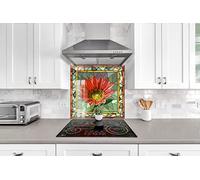 Myphotostation Stained Flower Tempered Glass Backsplash 40x40'' Floral Splashback for Kitchen Decor Bathroom Wall Protector Stove Backsplash Panel Tile Glass Splashback