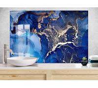 Myphotostation Tempered Glass Splashback 35.5Wx30H''Dark Blue Marble Abstract Backsplash Design Cooker Wall Backsplash Panel Glass Splashback for Kitchen Panel Design Gold Marble Splashback Stove
