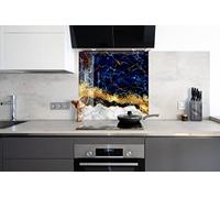 Myphotostation White Blue Marble Tempered Glass Backsplash 35.5Wx24H'' Abstract Splashback for Kitchen Wall Decor Bathroom Wall Protector Stove Backsplash Panel Tile Glass Splashback Kitchen