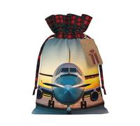 MyPiky Aircraft Plane At Sunsets Printing Christmas Drawstring Gift Bags Xmas Holiday Reusable Needs Wrapping Present Bags