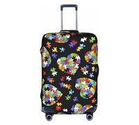 MyPiky Autism Awareness Puzzle Pieces Heart Print Luggage Cover Suitcase Protector Travel Suitcase Cover For Kid And Adult Fits 18-32 Inch, White, XL