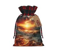 MyPiky Beach Lighthouse Print Christmas Drawstring Gift Bags,Drawstring Bag,Xmas Christmas Bags Party Storage Bags Reusable