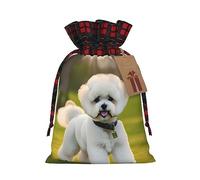 MyPiky Bichon Frise Dog On The Grass Print Christmas Drawstring Gift Bags,Drawstring Bag,Xmas Christmas Bags Party Storage Bags Reusable
