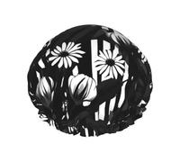 MyPiky Black And White Striped Flowers Print Shower Cap,Elastic And Reusable Bath Hair Hat For Long Hair,Large Waterproof Shower Bonnet,For Women Men Kids