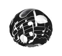 MyPiky Black White Music Note Print Shower Cap,Elastic And Reusable Bath Hair Hat For Long Hair,Large Waterproof Shower Bonnet,For Women Men Kids
