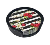MyPiky Black White Stripes Red Rose Flowers Print Coasters for Drinks Leather,Round Drink Coaster Suitable for Kinds of Cups Set of 6 Home Decor