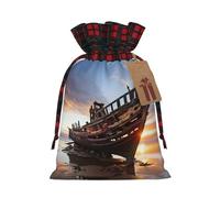 MyPiky Boat On The Beach Print Christmas Drawstring Gift Bags,Drawstring Bag,Xmas Christmas Bags Party Storage Bags Reusable