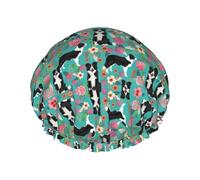 MyPiky Border Collie Florals Print Shower Cap,Elastic And Reusable Bath Hair Hat For Long Hair,Large Waterproof Shower Bonnet,For Women Men Kids