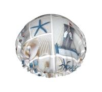 MyPiky Bottle Seashell Starfish Lighthouse Print Shower Cap,Elastic And Reusable Bath Hair Hat For Long Hair,Large Waterproof Shower Bonnet,For Women Men Kids
