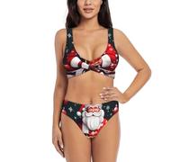 MyPiky Christmas Santa Clauss Print Triangle Bikini Set Women Breathable Swimsuit Beach Poolside Lounging Vacation, Black, XL