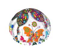 MyPiky Colorful Butterflies And Flowers Print Shower Cap,Elastic And Reusable Bath Hair Hat For Long Hair,Large Waterproof Shower Bonnet,For Women Men Kids