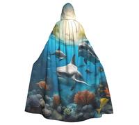 MyPiky Dolphins Sea Turtle Shark Octopus Coral Print Halloween Cloak Full Length Hooded Adults Unisex Cape For Cosplay Festivals