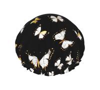 MyPiky Gold White Butterflies Black Print Shower Cap,Elastic And Reusable Bath Hair Hat For Long Hair,Large Waterproof Shower Bonnet,For Women Men Kids