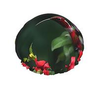 MyPiky Hummingbirds Red Flowers Hibiscus Print Large Shower Caps,Elastic Band Hair Cap,Double Waterproof Layers Bath Hair Hat,For Women Men Kids