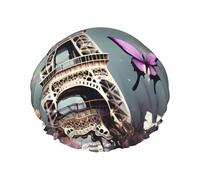 MyPiky Romantic Paris Butterfly Eiffel Print Large Shower Caps,Elastic Band Hair Cap,Double Waterproof Layers Bath Hair Hat,For Women Men Kids