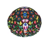 MyPiky Sugar Horror Skull And Flowers Print Shower Cap,Elastic And Reusable Bath Hair Hat For Long Hair,Large Waterproof Shower Bonnet,For Women Men Kids