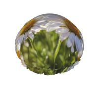 MyPiky Wild White Daisy Flower Print Shower Cap,Elastic And Reusable Bath Hair Hat For Long Hair,Large Waterproof Shower Bonnet,For Women Men Kids