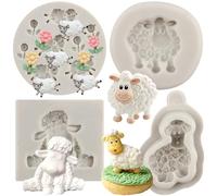 MYPRACS 3D Animal Sheep Silicone Moulds Goat Flower Grass Fondant Moulds for Cake Decorating Cupcake Topper Candy Chocolate Gum Paste Set of 4