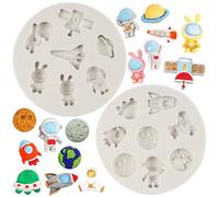 MYPRACS Astronaut Fondant Moulds Rocket Planet Silicone Mould for Space Themed Party Cake Decoration Baby Shower Cupcake Topper Chocolate Candy Polymer Clay Gum Paste Set of 2