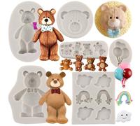 MYPRACS Bear Silicone Moulds Rainbow Cloud Fondant Mould Balloon Moulds for Baby Shower Cake Decorating Cupcake Topper Candy Chocolate Polymer Clay Gum Paste Set of 6